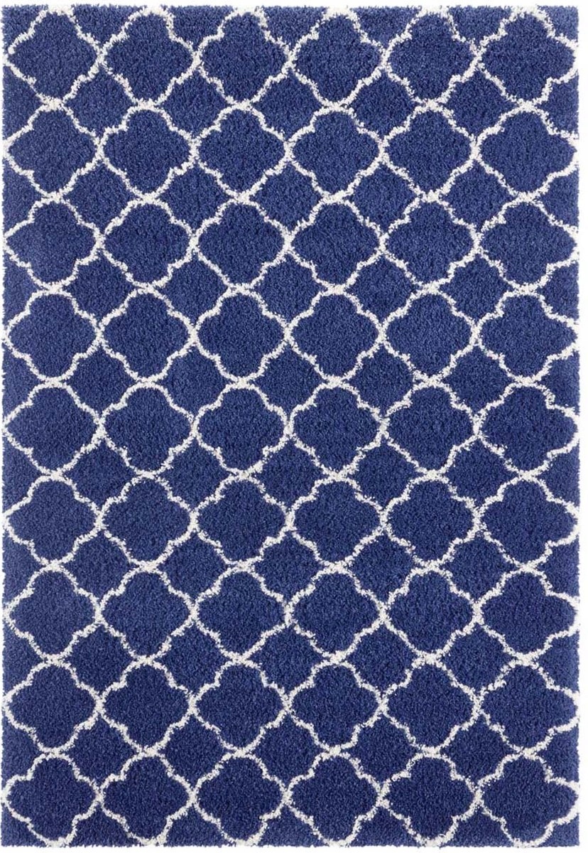 Tmavě modrý koberec do obývacího pokoje, silný koberec typu shaggy, marocký vzor 80 x 150 cm