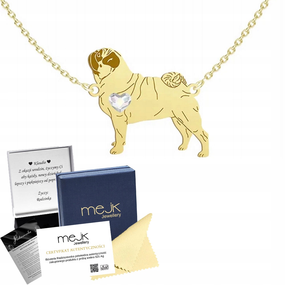 Zlatý náhrdelník s psem Mops Pug 925 Šperky jako Dárek Žena Gravírování