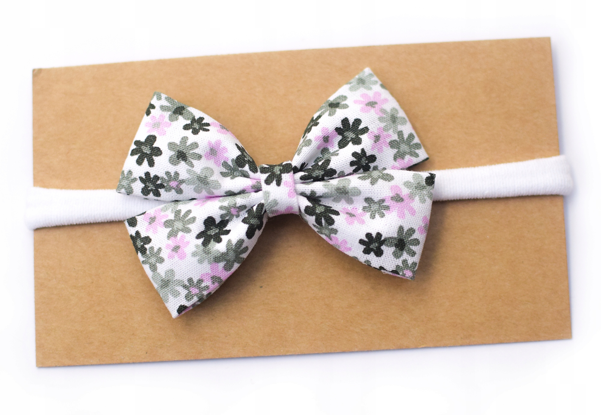 OPASKA na głowę niemowlęca kokardka biała w kwiatuszki