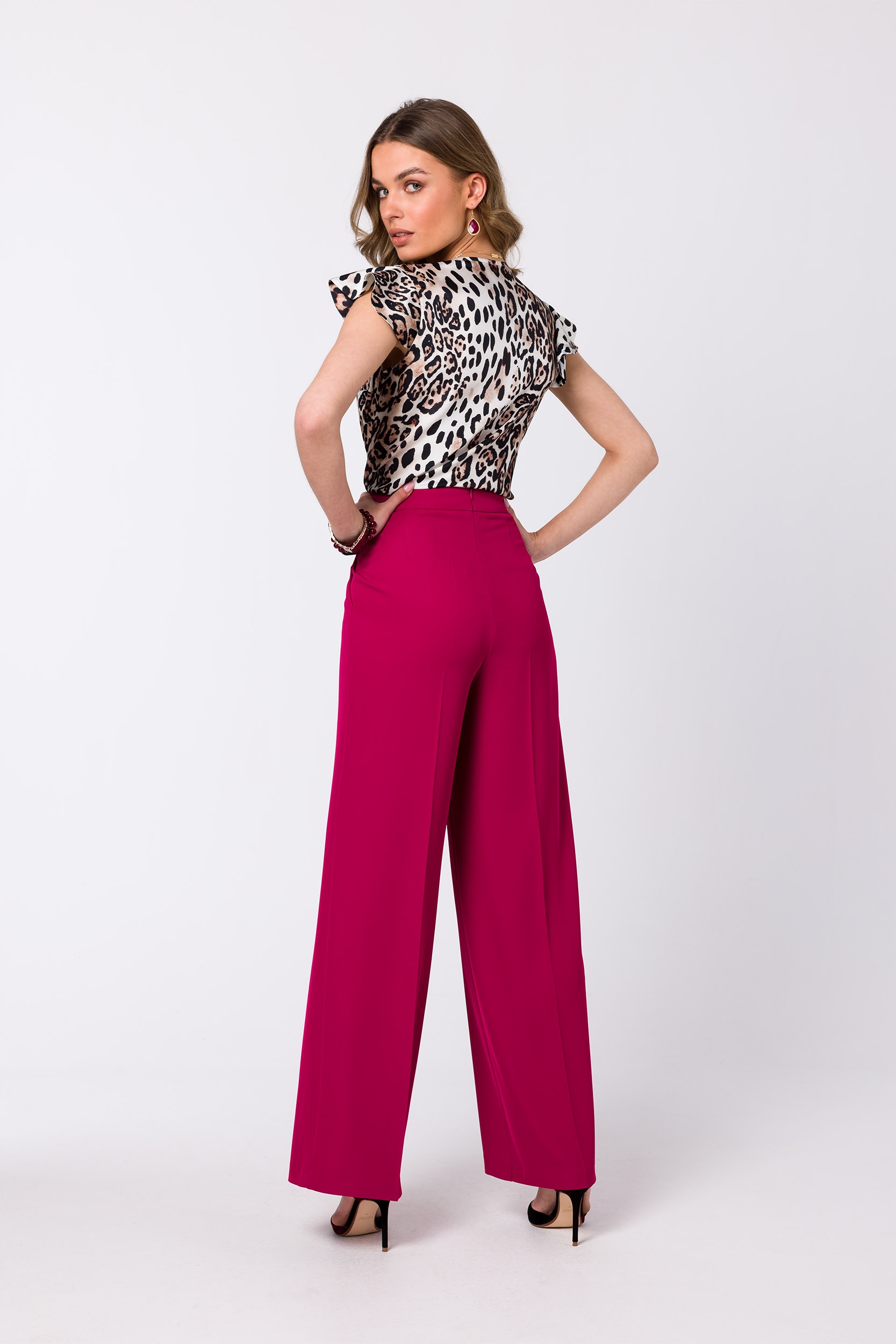 ELEGANCKIE SPODNIE DAMSKIE DŁUGIE Z SZEROKIMI NOGAWKAMI FIOLETOWE 40 L Rozmiar L