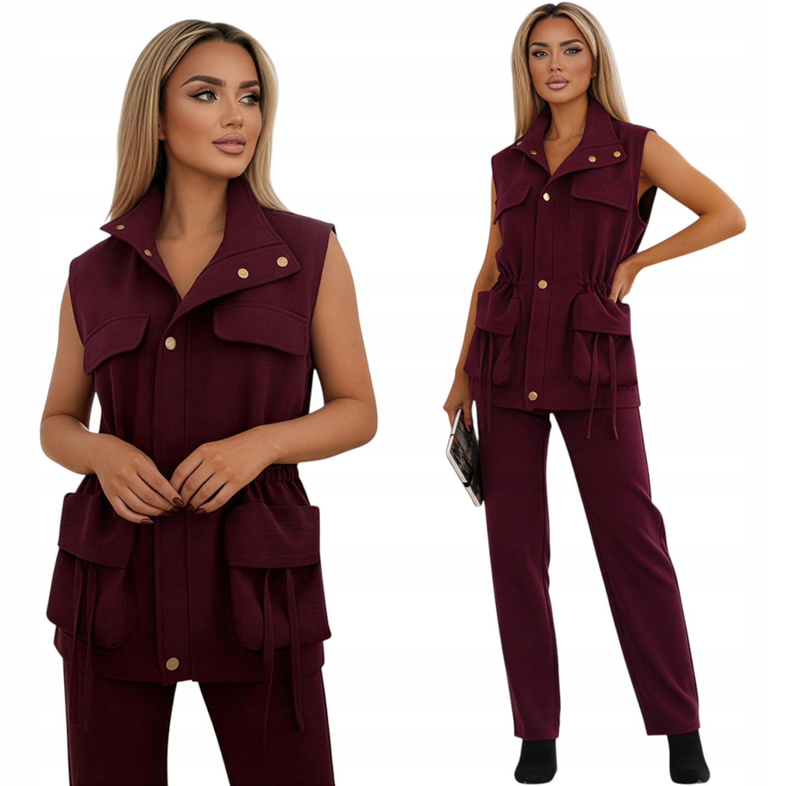 Dámský komplet Elegantní kalhoty Premium Polská výroba Bordo L