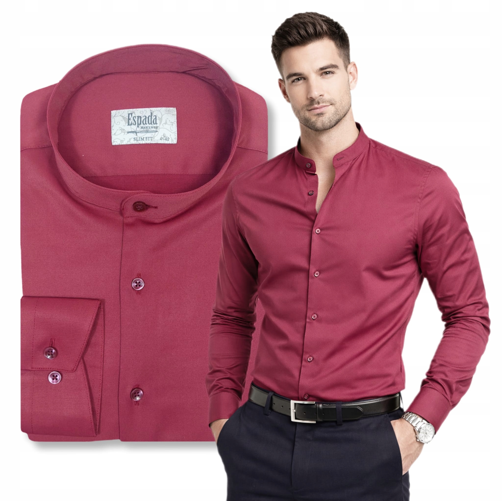 Pánská košile se stojáčkem Bordó Bavlněná Návštěvnická Elegantní Slim vel. L