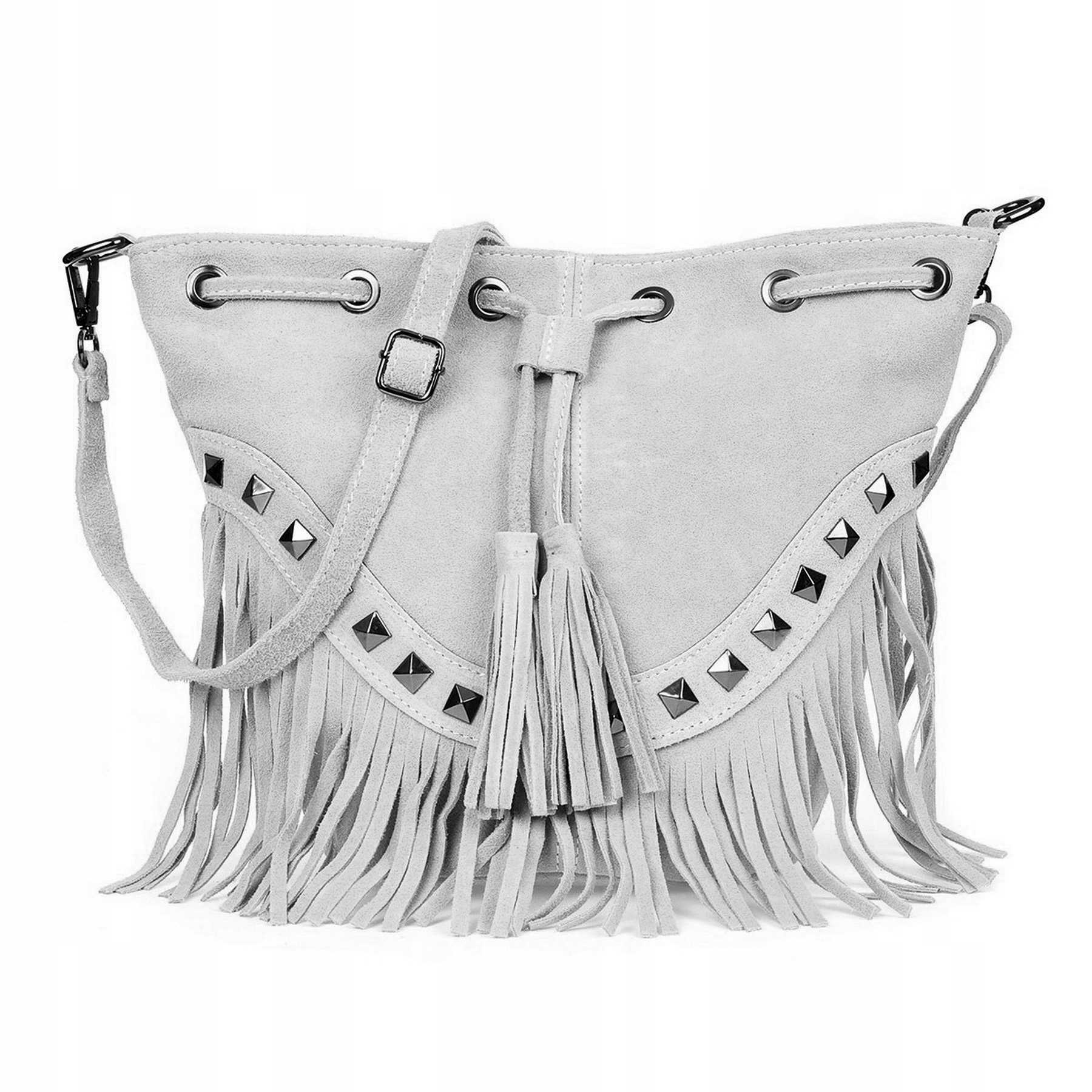 Vera Pelle torebka zamszowa listonoszka boho z ćwiekami i frędzlami J.szara