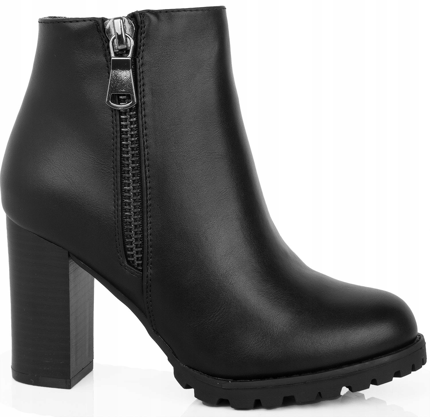 8944 Czarne Damskie Botki Na Obcasie Słupku Skórzane Zamek 36