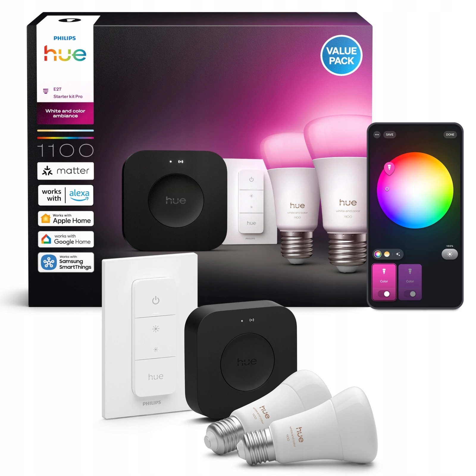 2x Led žiarovka E27 8.1W 1100lm Rgb Bridge Pro Diaľkový Ovládač Philips Hue