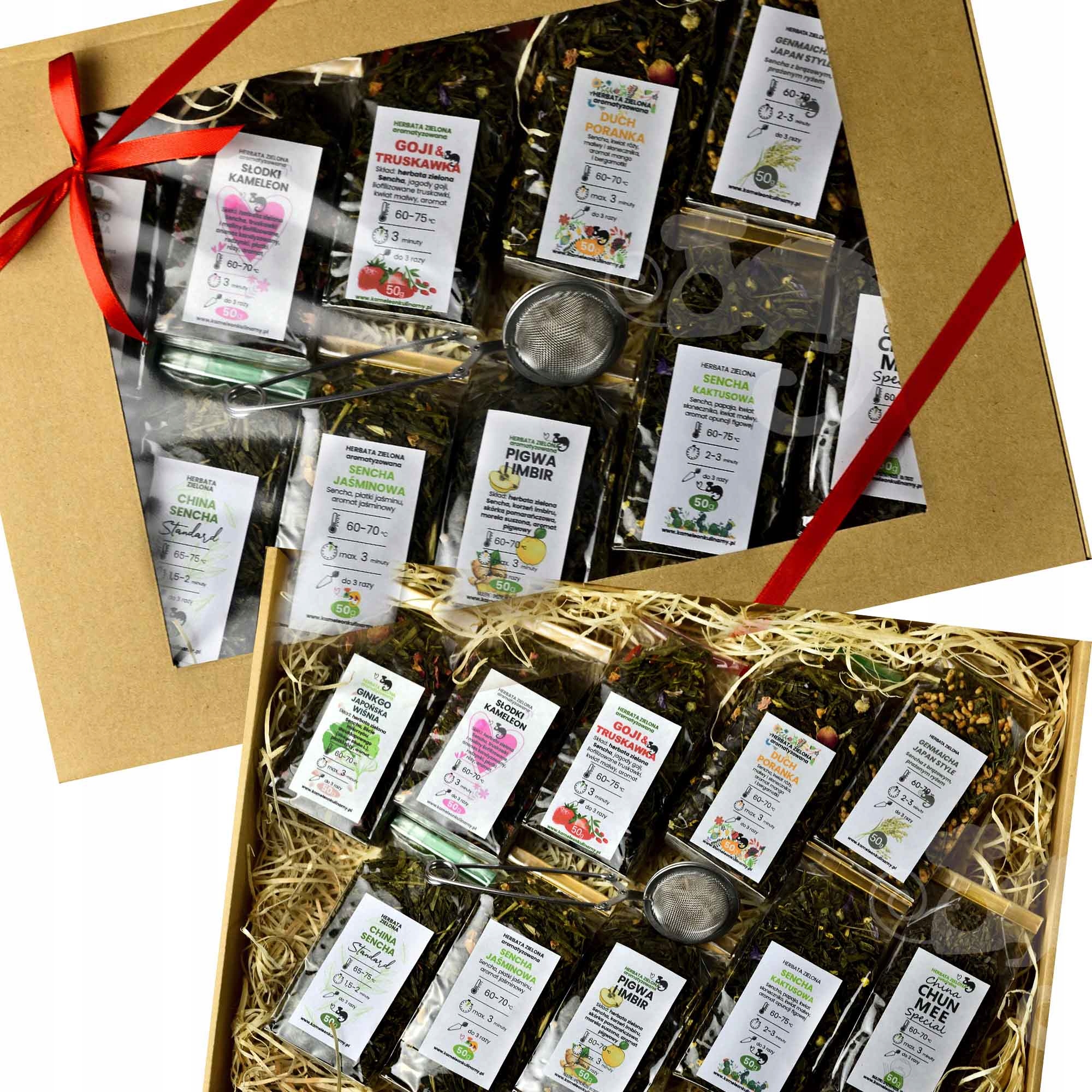 Zestaw Prezentowy Duży zielona herbata Aromatyzowana 10x50 500g zaparzacz