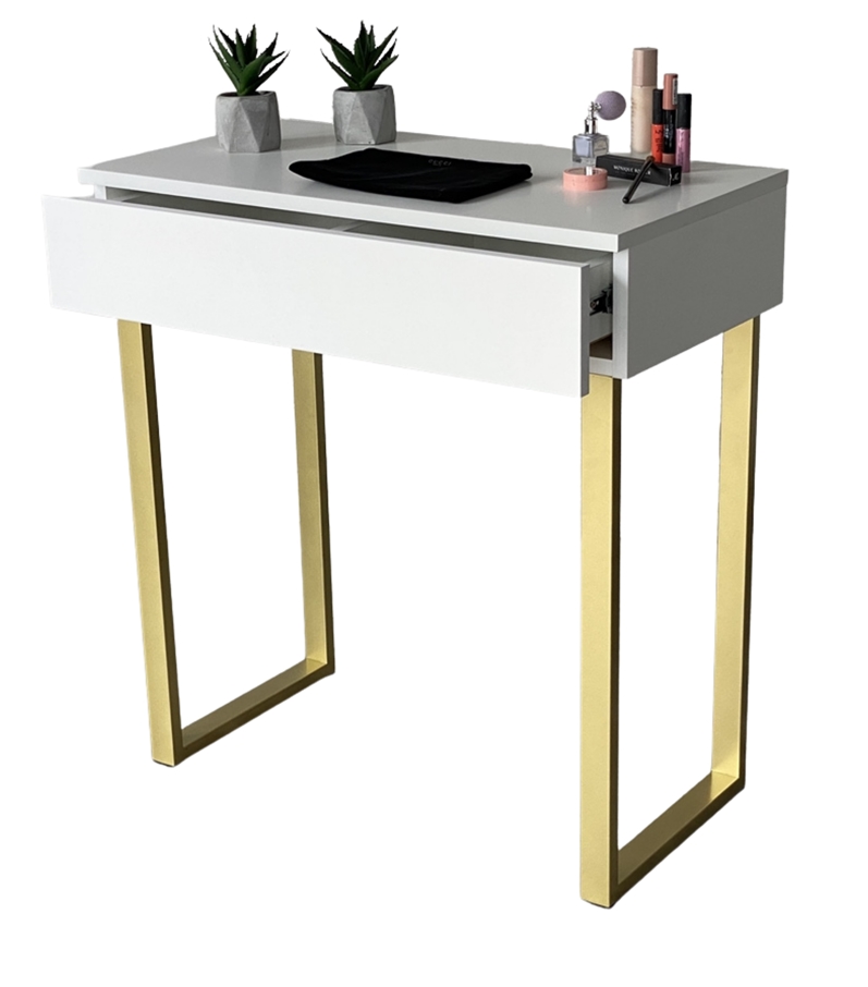 

Toaletka Biała Matowa Szufladą Złote Nóżki U 75CM