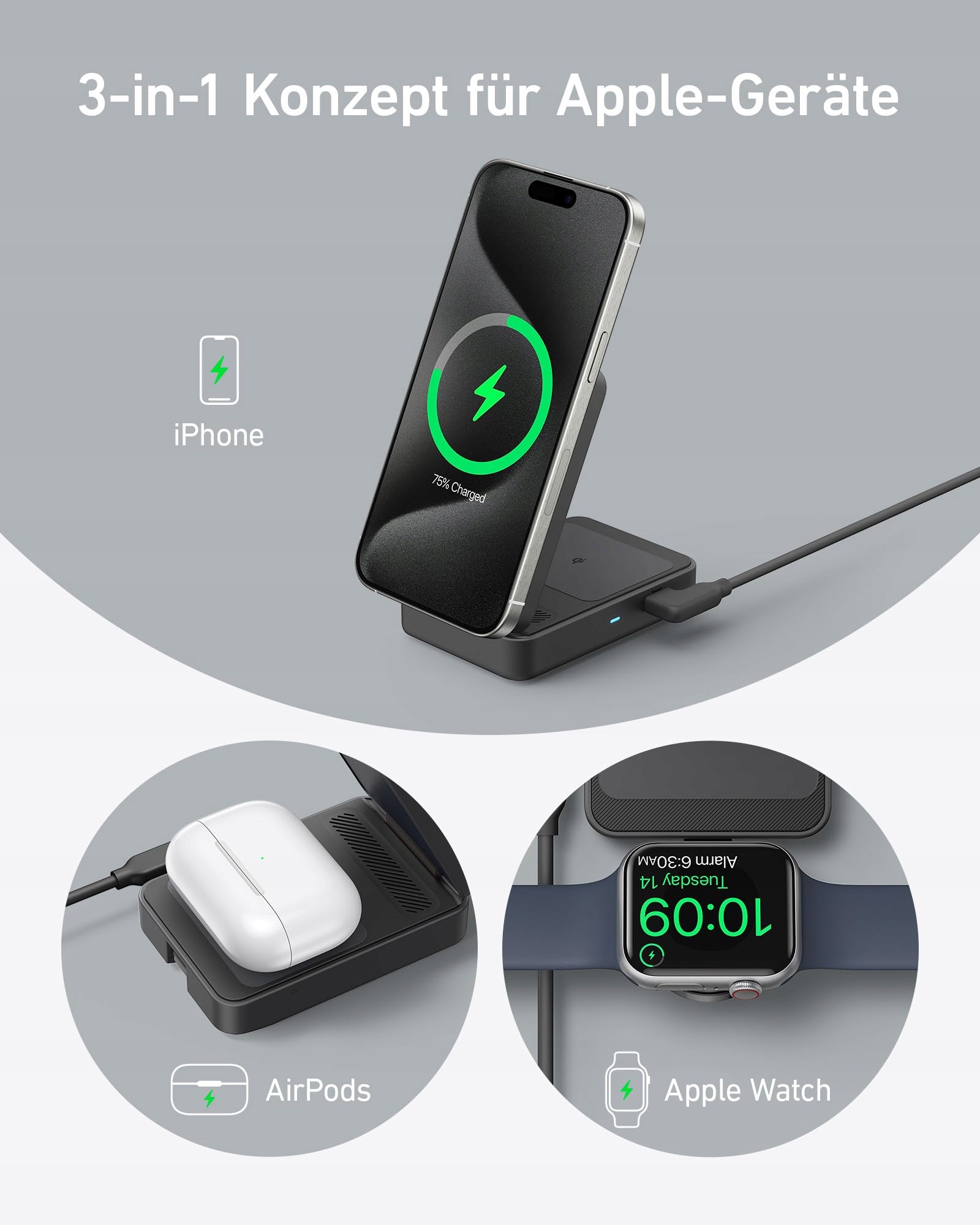 ANKER MagGo Stacja Ładowania 3w1 Qi2 15W MagSafe iPhone AirPods Watch — miniatura 5