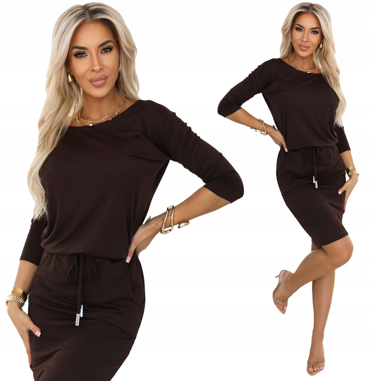 Sportovní Šaty S Kapsami A Zavazováním, 3/4 Rukáv, Hnědá, L