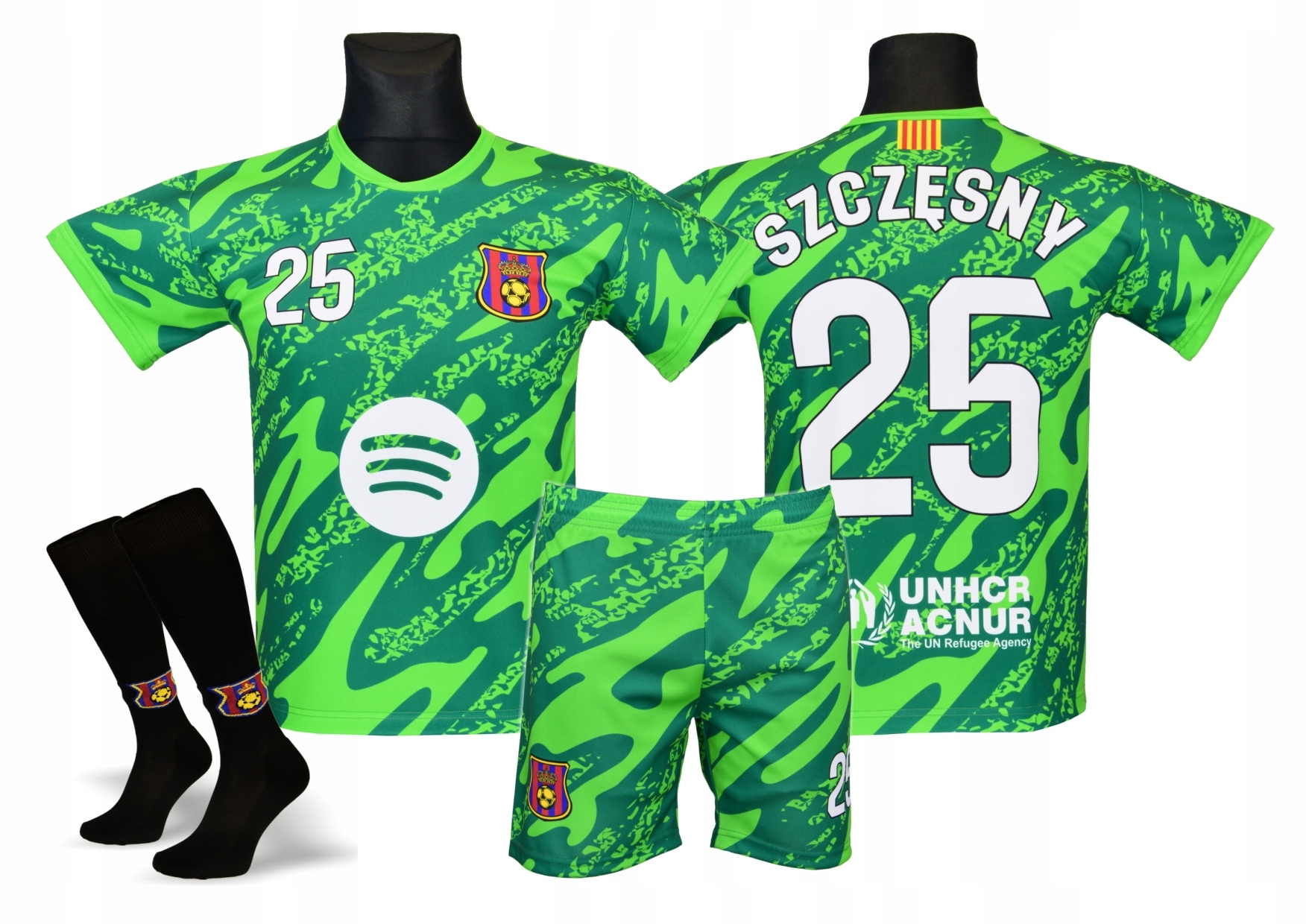 Szczęsny Barcelona strój sportowy koszulka spodenki getry Zielony r. 158