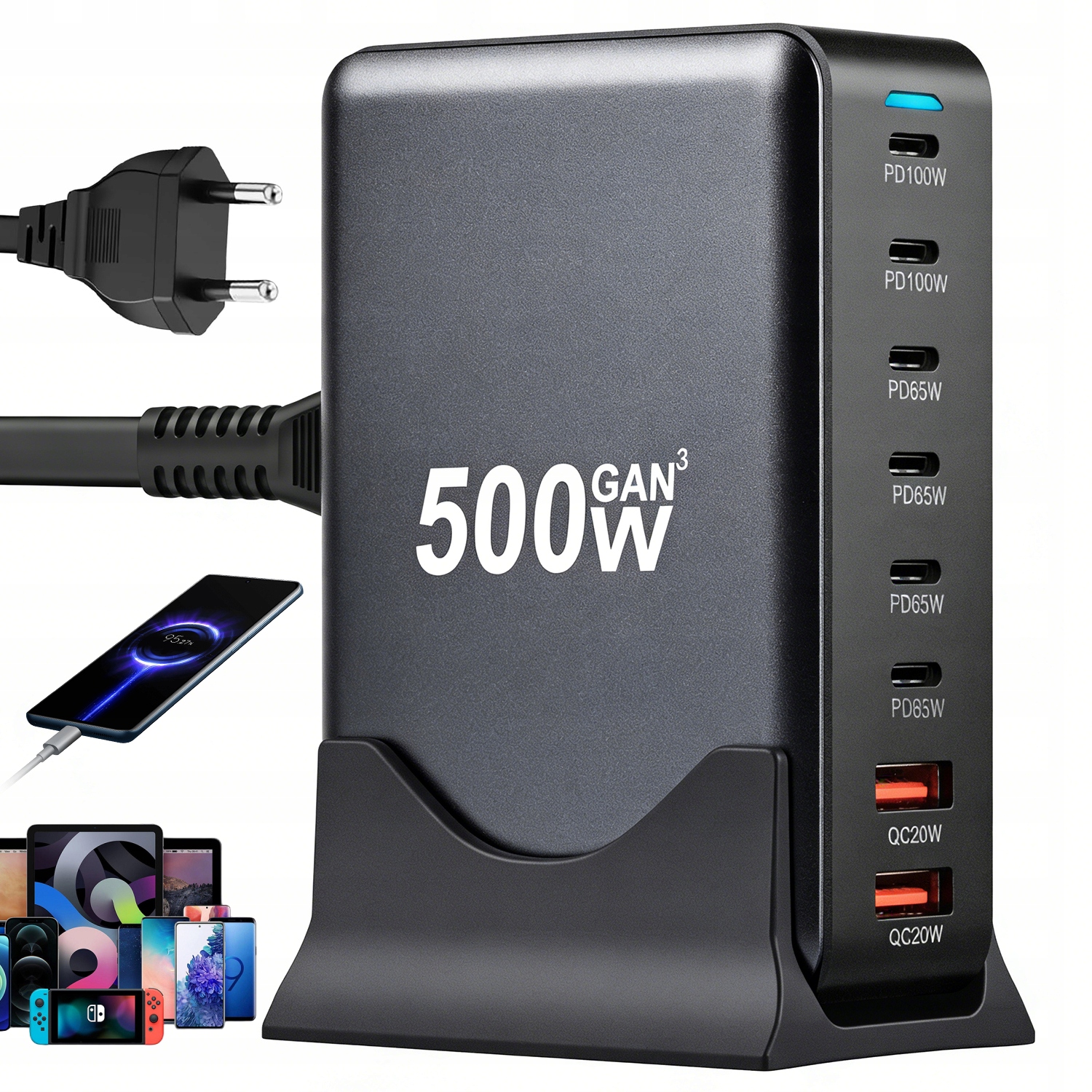 Stacja Szybkiego Ładowania 8W1 Usb C+usb A 500 W GAN3 Do Telefonu I Laptopa