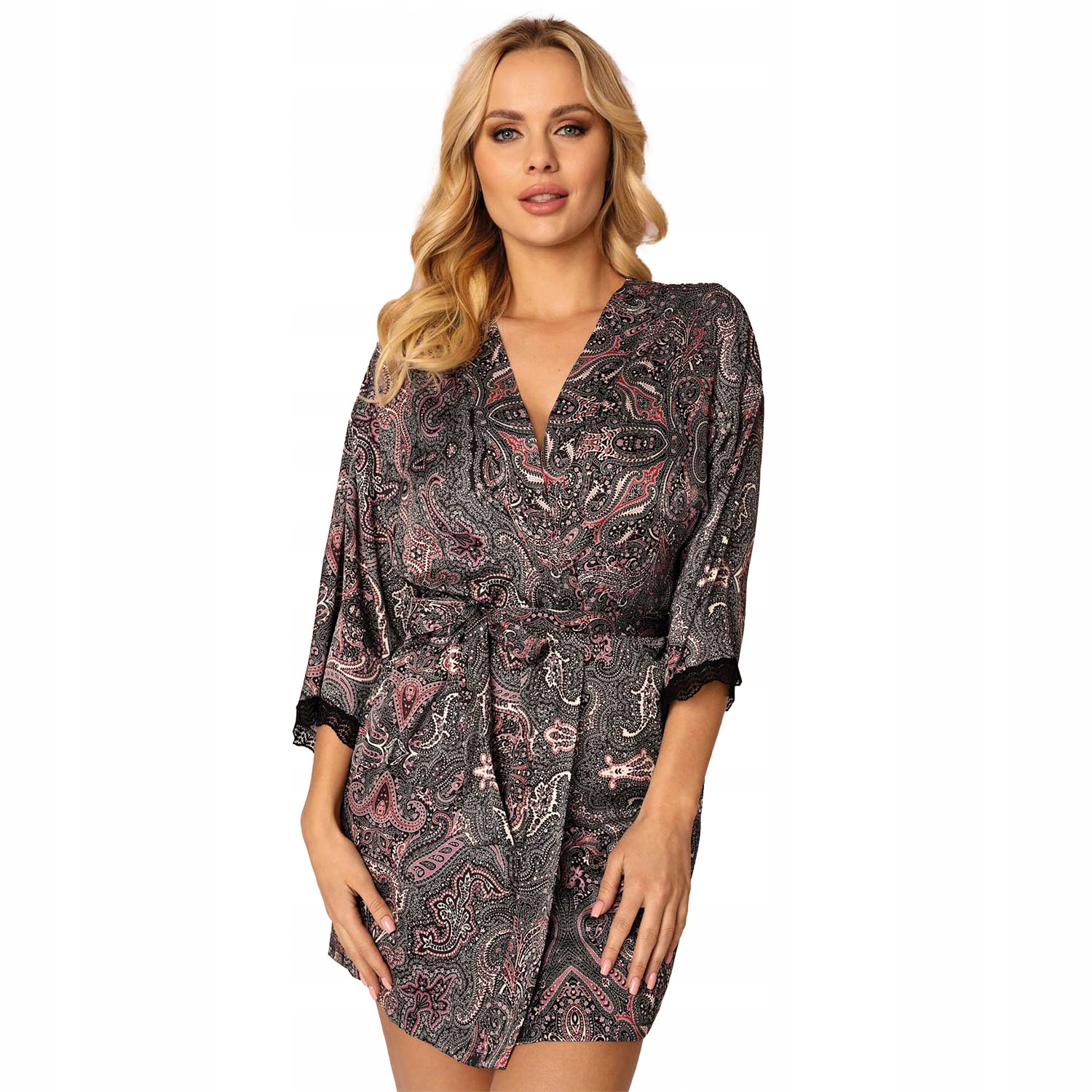 Unikat India dámský zavazovací župan 3/4 černý vzor M