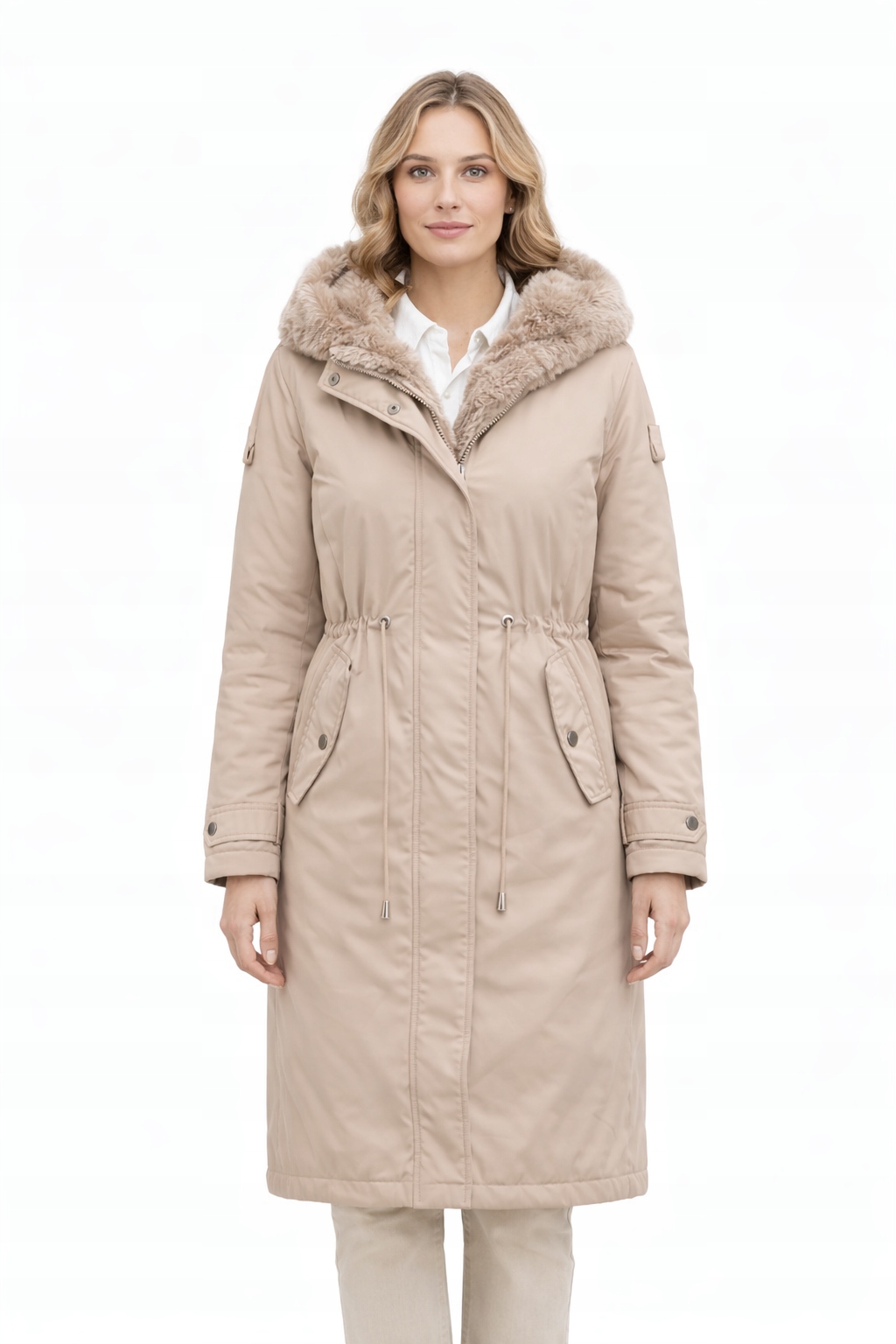 Béžová Parka S Kapucí A Kožešinou Na Zimu L 1I4A