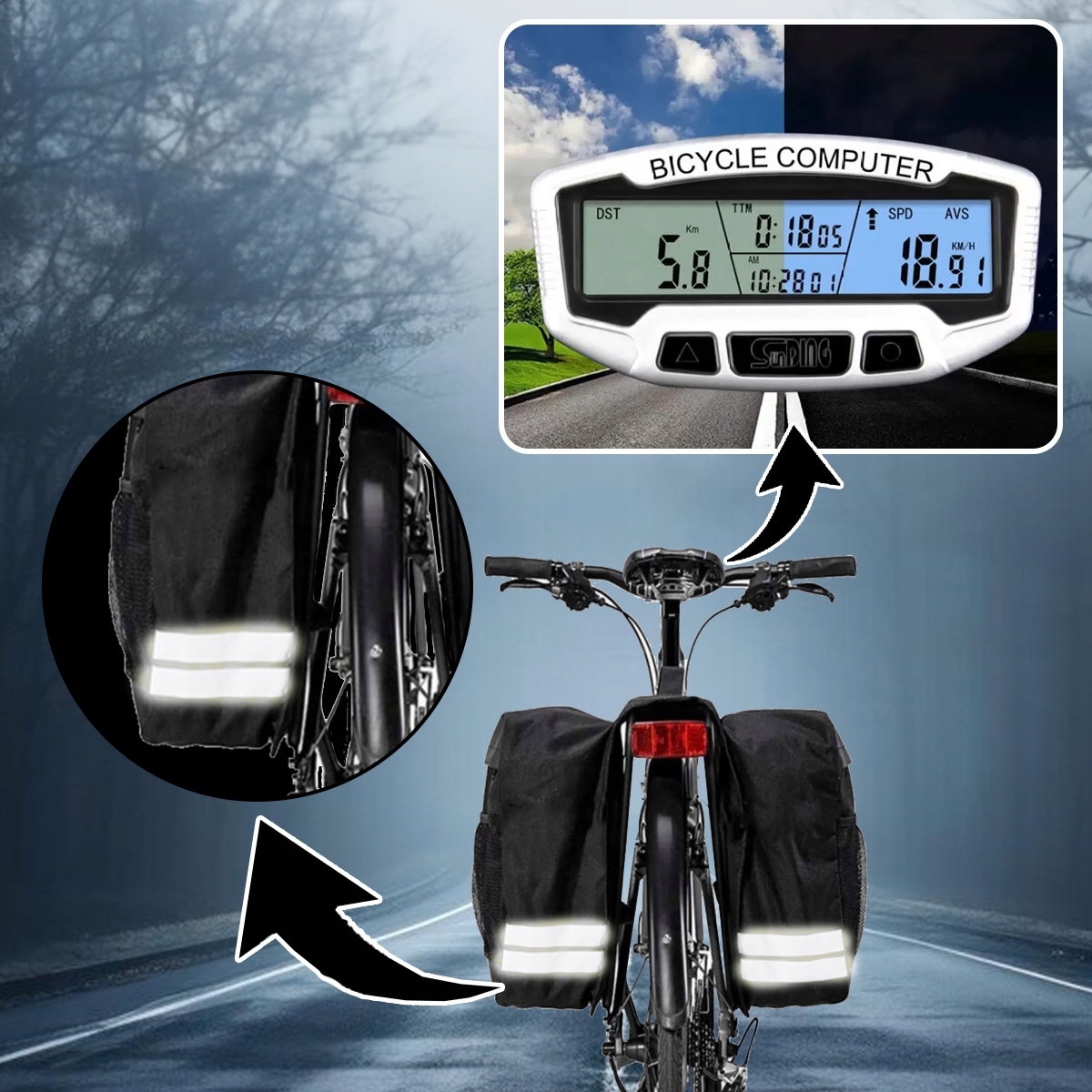 Wodoodporny Licznik Komputer Na Rower + Torba Sakwa Rowerowa Na Bagażnik Pojemność 20 l