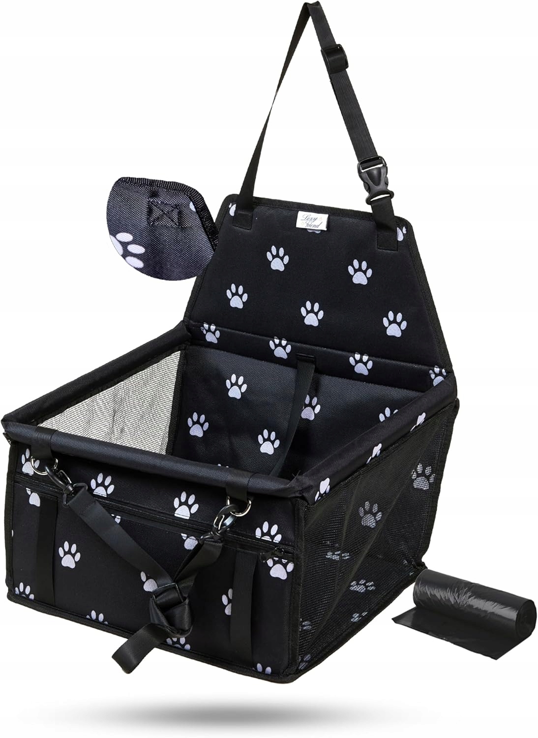 Levně Přepravka pro psa do 10 kg do auta, autosedačka, barva černá, vzor tlapky