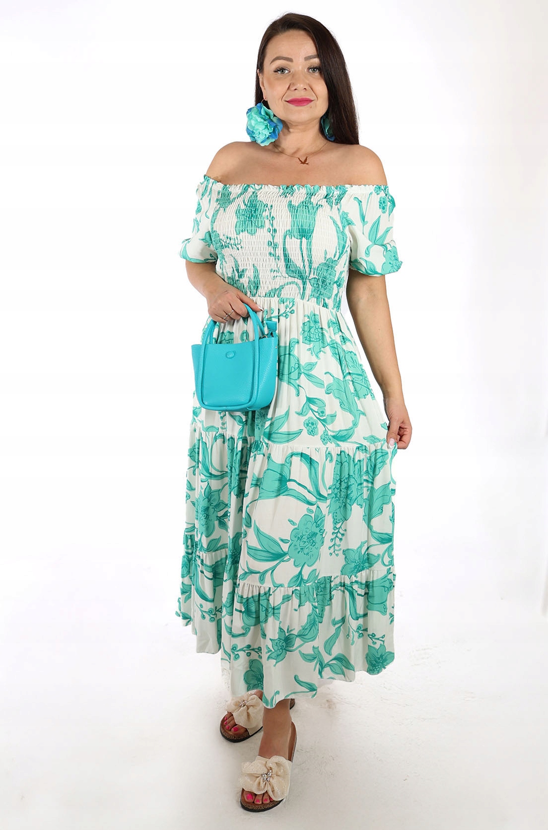 Italská Šaty Maxi Španělka s květinami Boho Made in Italy Letní tyrkysová