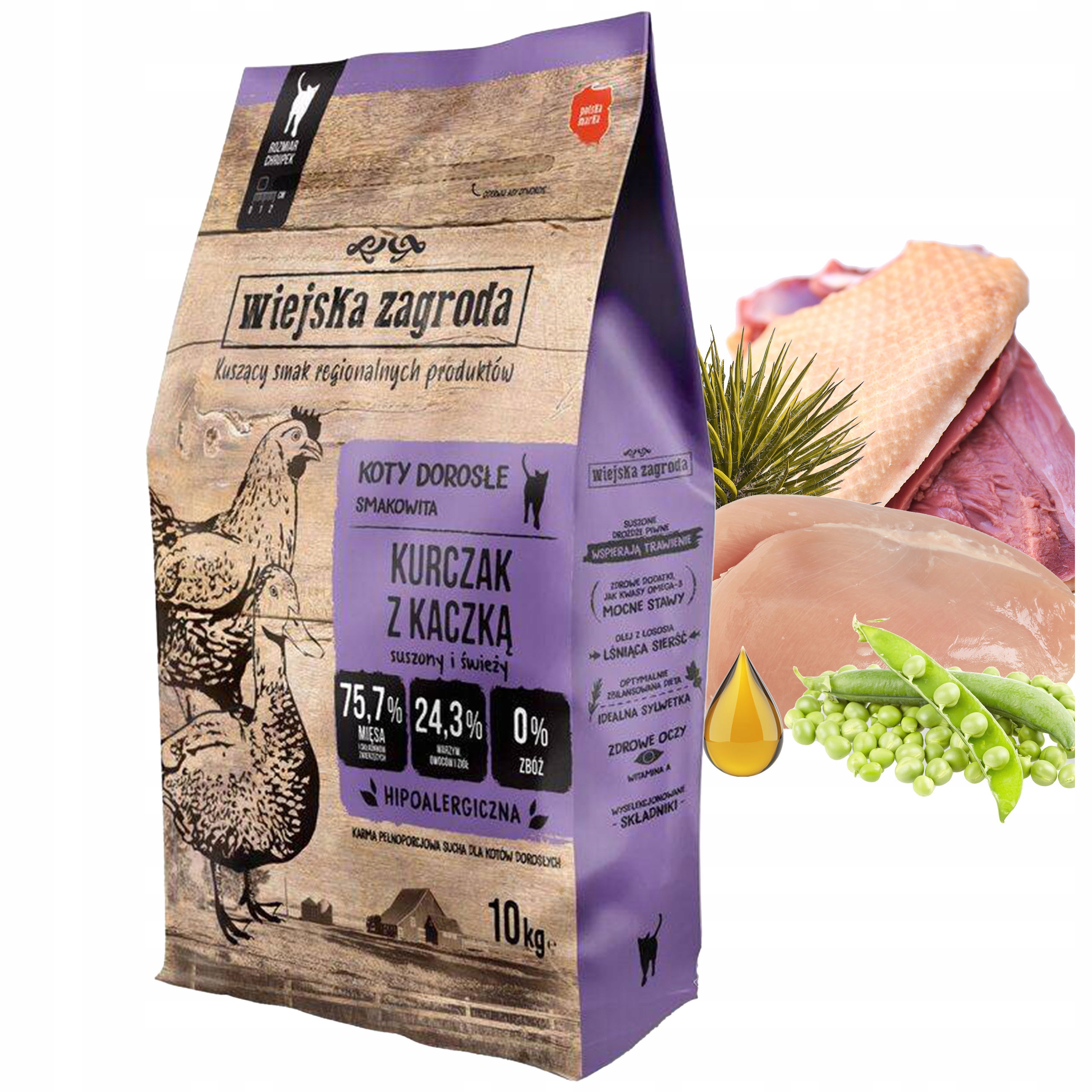 Levně Wiejska Zagroda Krmivo suché pro kočky Kuřecí kachna 10 kg bez obilovin