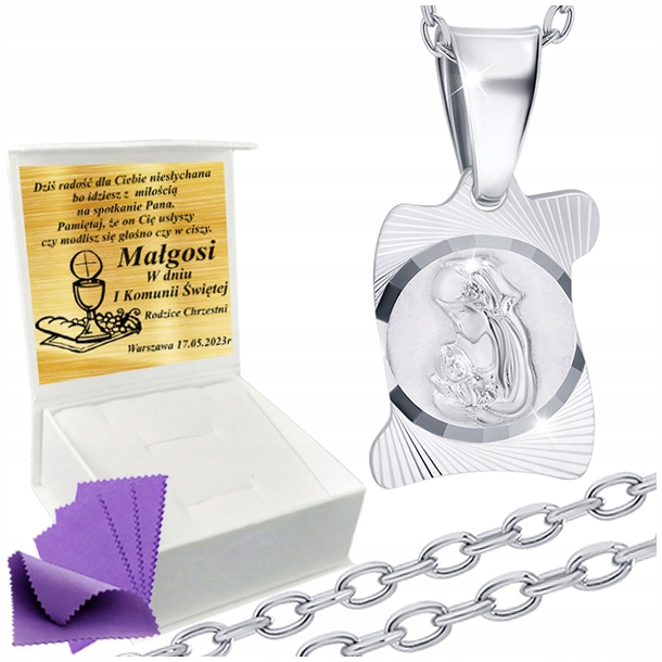 Łańcuszek Srebrny Medalik Naszyjnik 925 Na Komunię Chrzest UPOMINEK GRATIS