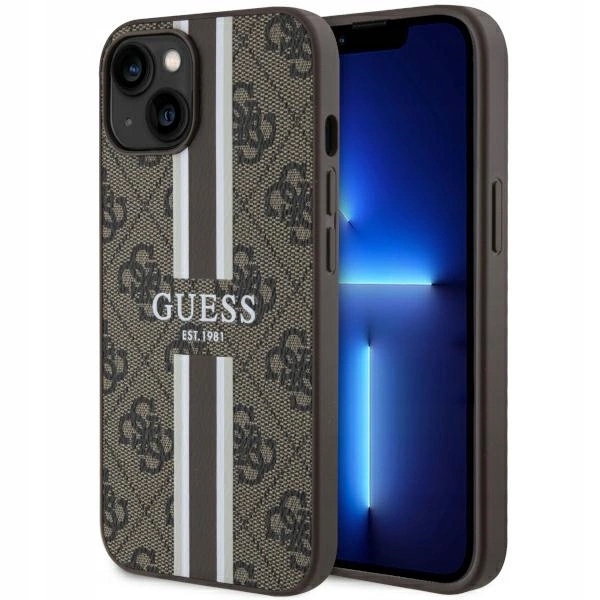Pouzdro Guess 4G Printed Stripes MagSafe pro iPhone 14 Plus hnědé