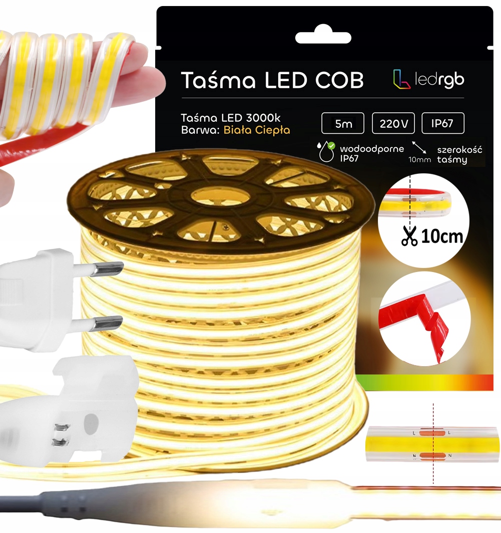 Set Led Pásek Cob 5 m 230 V Bílý Teplý 3000 K Řezaný Každých 10 CM IP67 Lepidlo