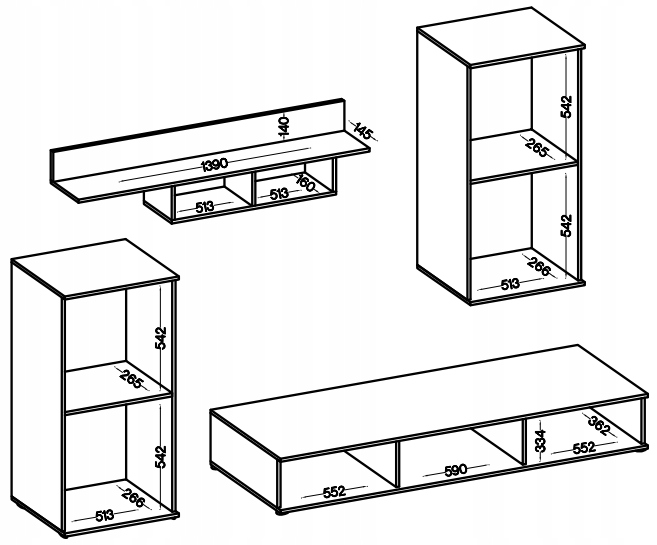 Meblościanka EMMA+komoda oświetlenie LED, 3 kolory Liczba elementów w zestawie 5