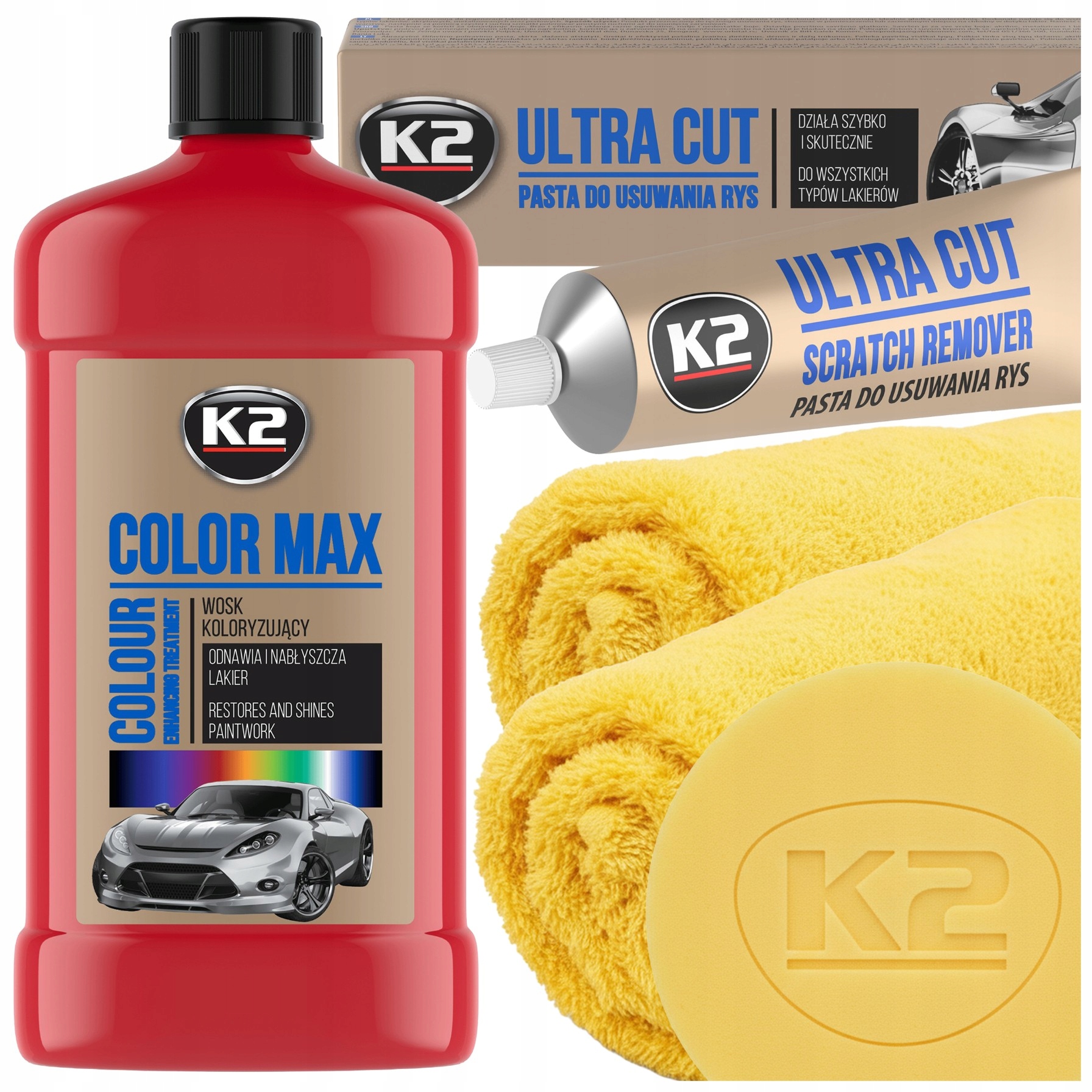 Zestaw do Usuwania Rys na lakierze Czerwonym Pasta K2 Wosk koloryzujący Pad