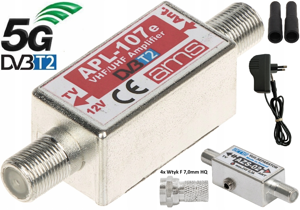 Wzmacniacz APL-107 Separator zasilania AZS-02 Zas. Jack 4x wtyk F