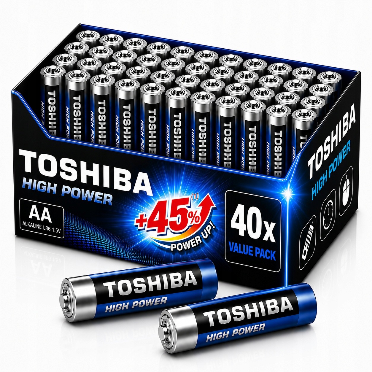 40x Baterie Aa Bateria Alkaliczne Paluszki LR6 R6 Toshiba Mocna +45% Zestaw