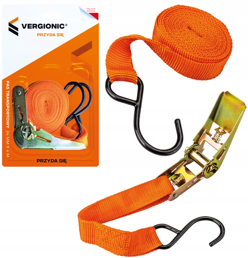 Pas Transportowy Z Napinaczem Mocujący 25 mm x 4 m Pomarańczowy Vergionic