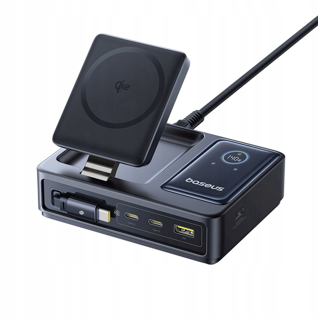 Stacja ładująca 5w1 Usb-a Uab-c z wyświetlaczem zwijanym kablem 140W Qi2