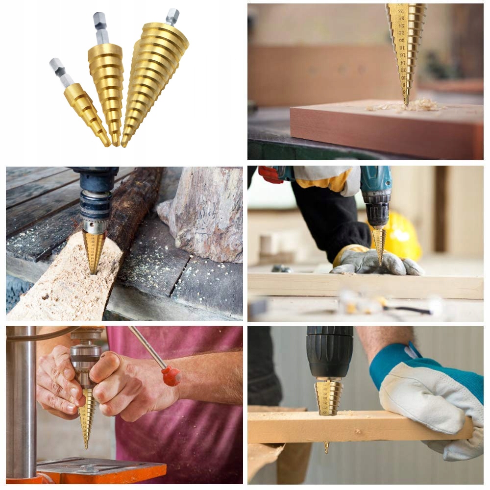 WIERTŁA STOŻKOWE STOPNIOWE DO METALU DREWNA PLASTIKU BLACH ZESTAW 4-32 MM Długość wiertła 32 mm