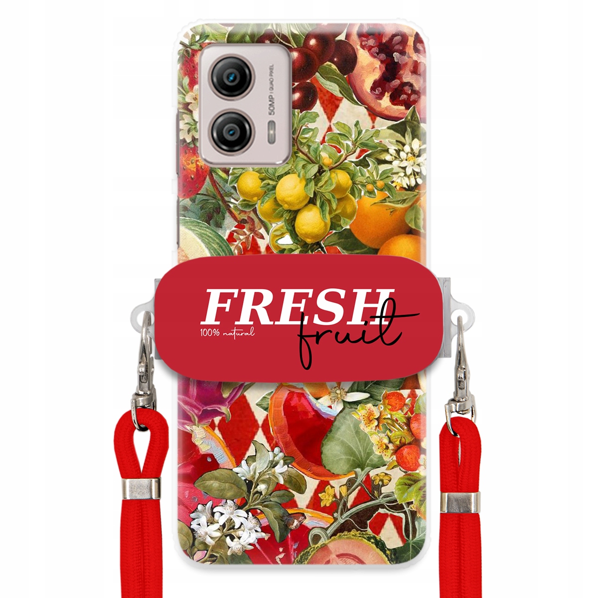 Puzdro pre Motorola G53 Červené Crossbody vodítko držiak Fresh Fruit Ovocné