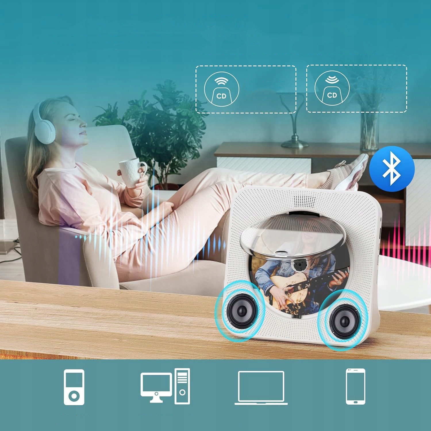 DESKTOP ODTWARZACZ CD Z BLUETOOTH WBUDOWANE GŁOŚNIKI HIFI DOMOWE RADIO FM Kod producenta Odtwarzacz CD Bluetooth