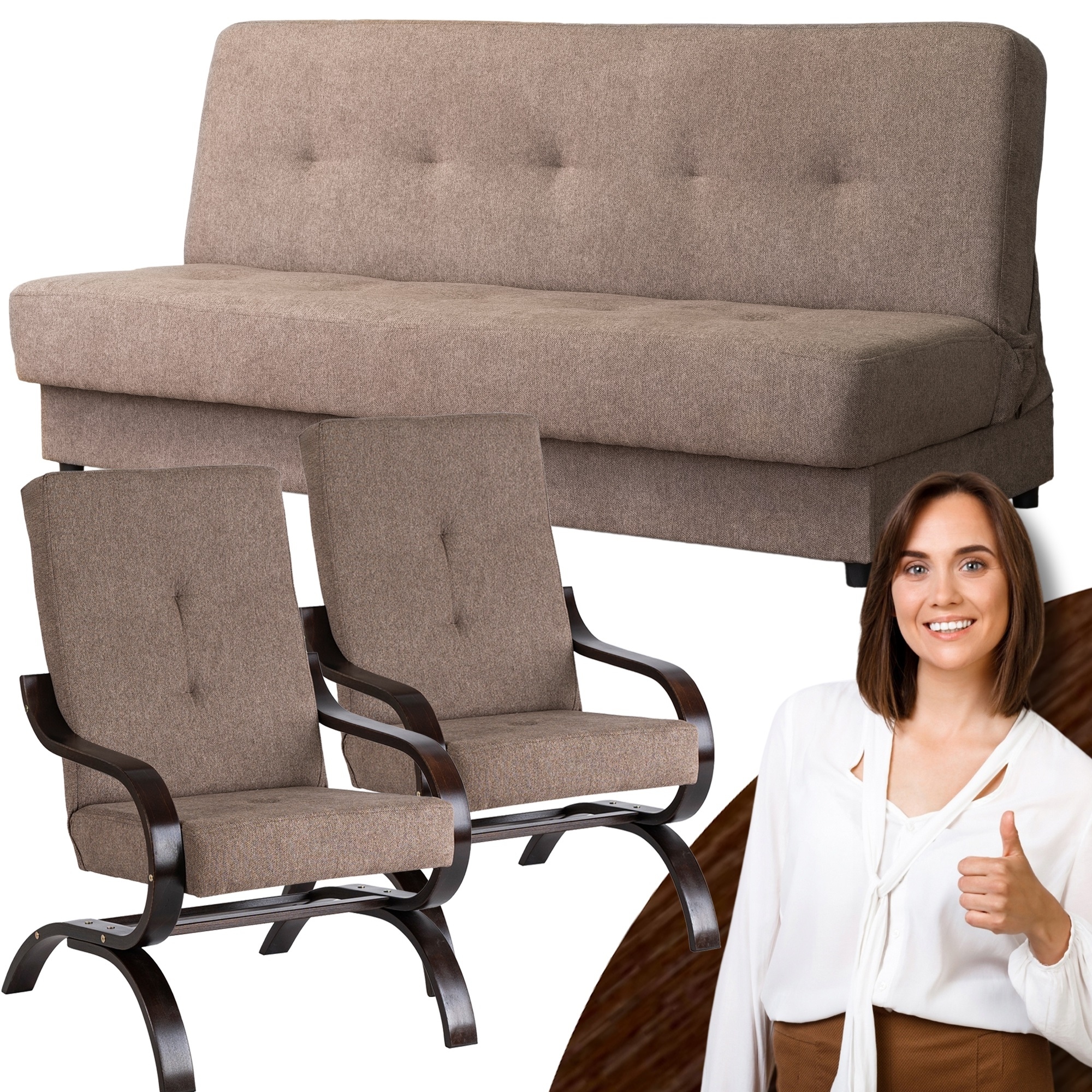 Béžová Sada nábytku Rozkládací pohovka 2 křesla Aruba