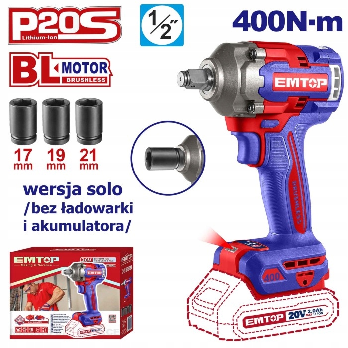Rázový uťahovák Emtop 20V P20S 400 Nm sólo