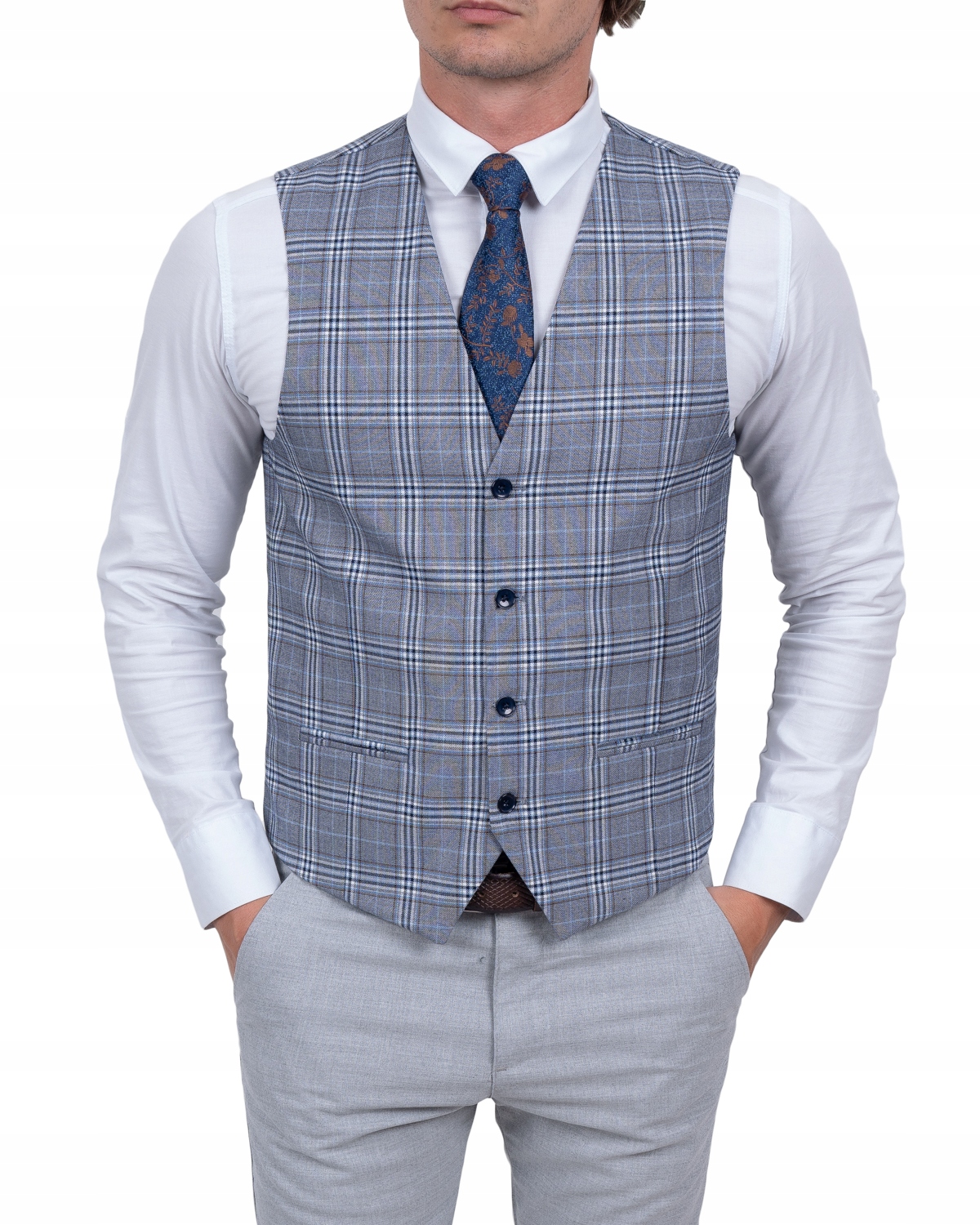 Szara męska kamizelka w kratę + dodatki - 50 Rozmiar 50