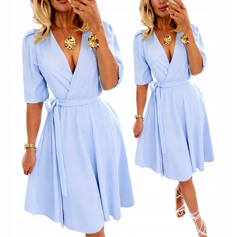 Błękitna Sukienka Kopertowa Rozkloszowana MIDI Na Komunie Wesele Chrzciny