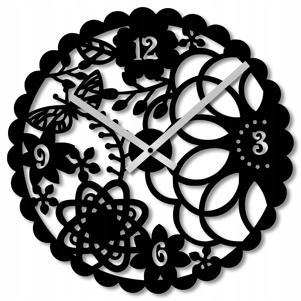 Nástěnné Hodiny 50 cm Nástěnné Hodiny Velké Dřevěné Hodiny Černé Květiny 3D