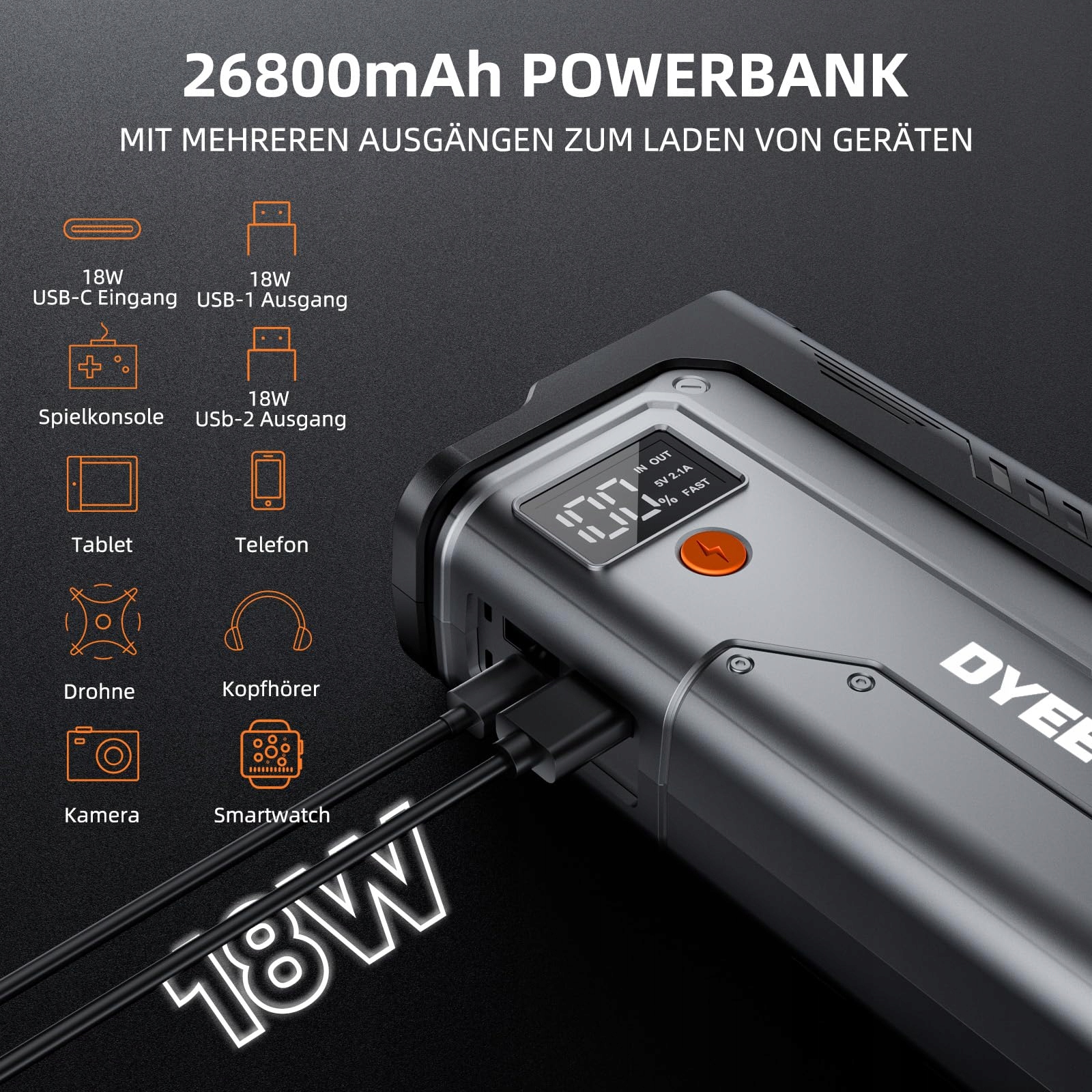 POWERBANK Starthilfe 7000A Do Samochodów 12V Benzyna Diesel LED USB — miniatura 3