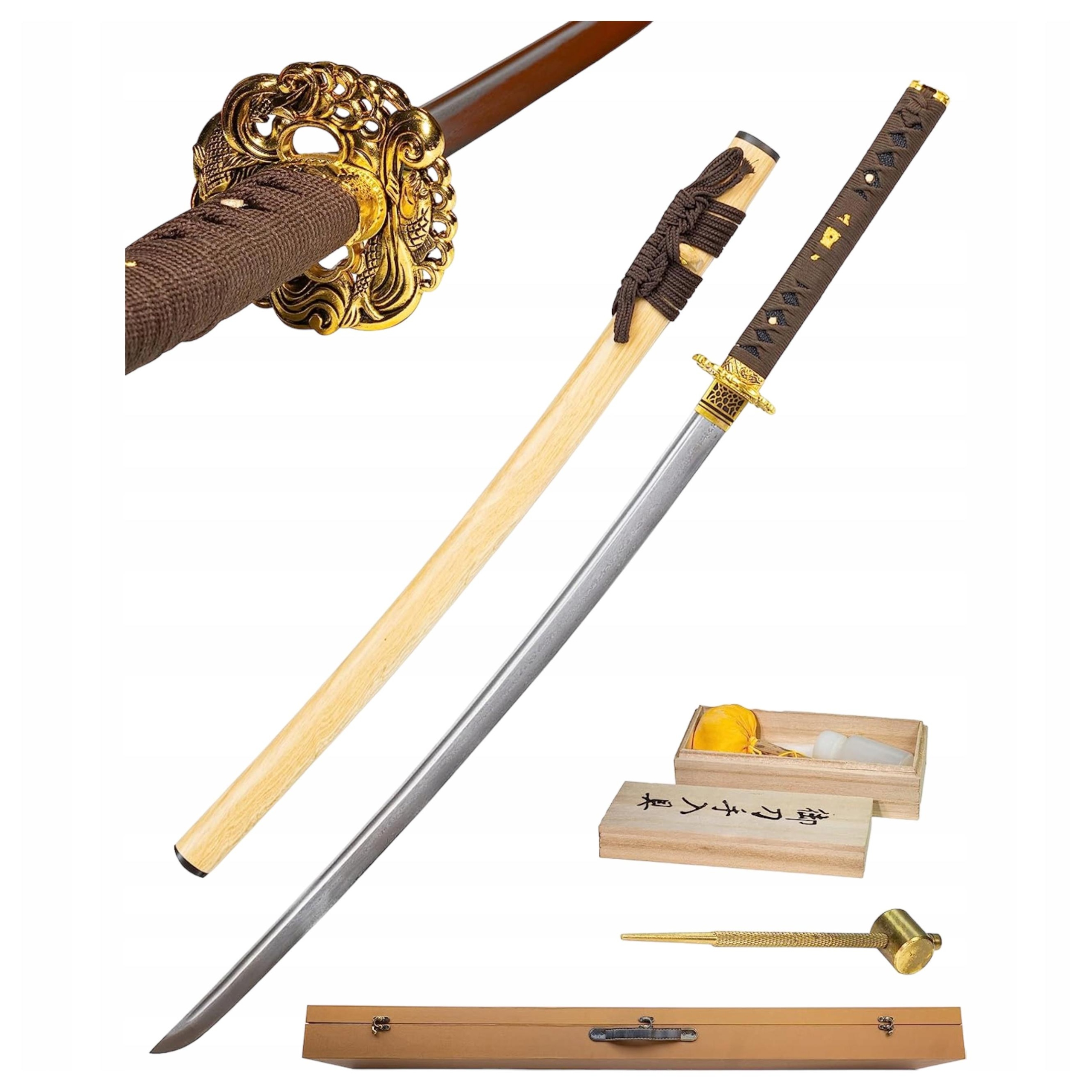Meč Katana Ocel Damascénská DS076 Stojan na skříň a sada pro údržbu