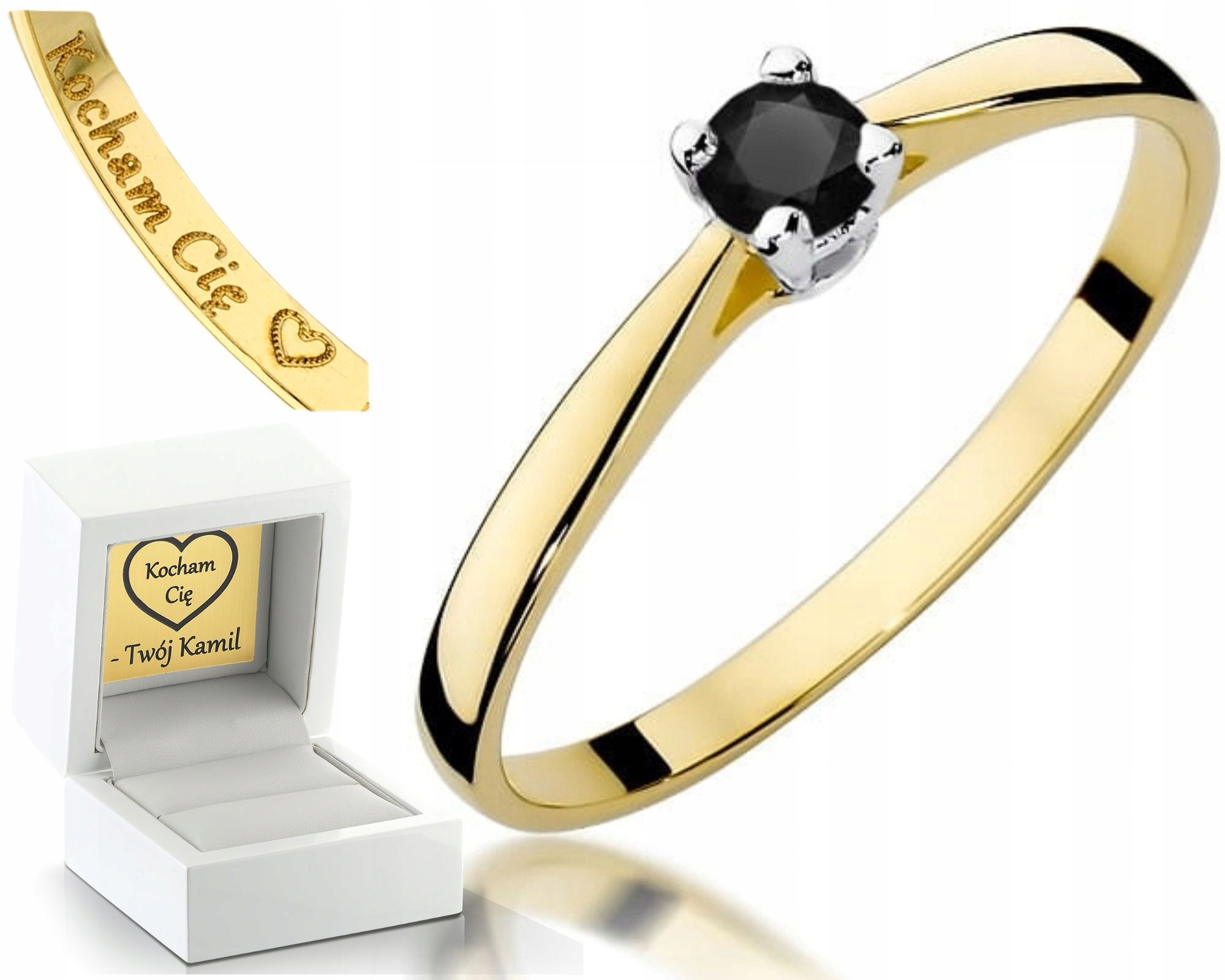 Žluté Zlato Prstýnek Na Zásnuby Černý Briliant Gravírování 585 Bonus