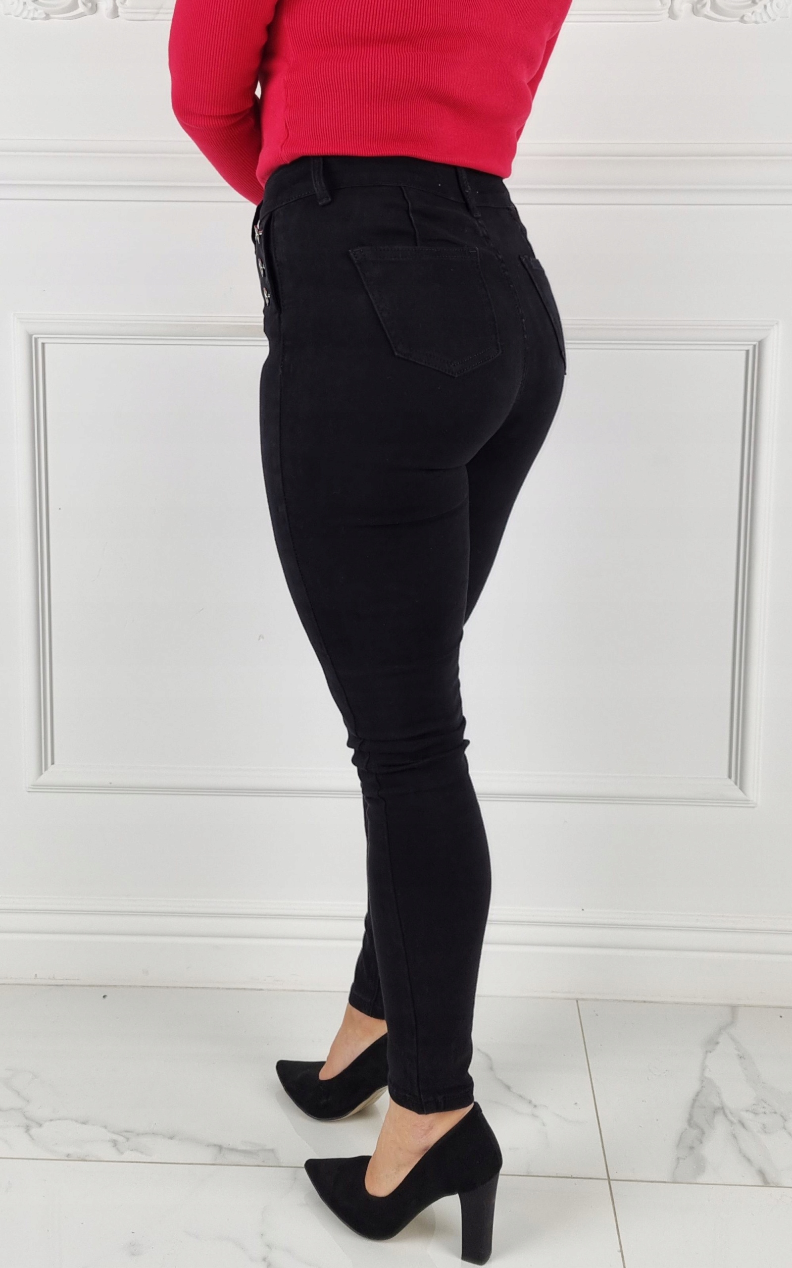 MŁODZIEŻOWE SPODNIE JEANSOWE DOPASOWANE MODELUJĄCE GUZIKI Rozmiar 34