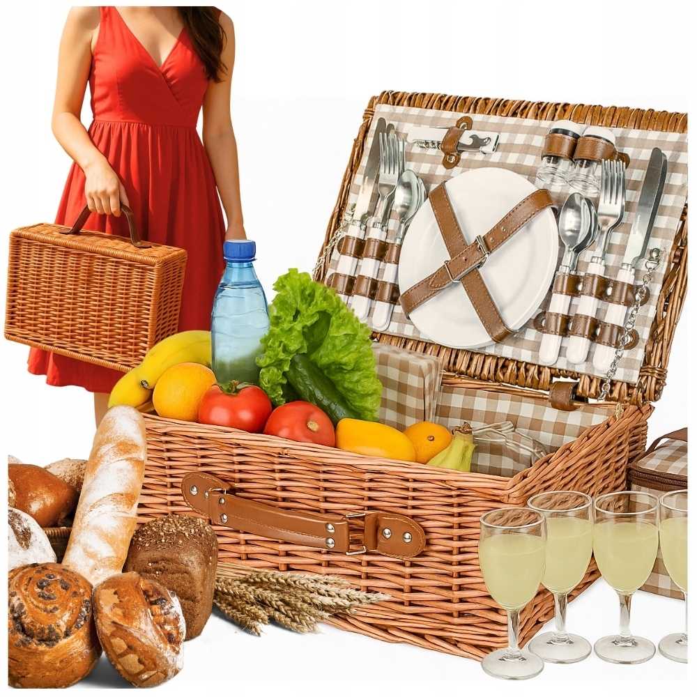 Piknikový košík proutěný set 4místná termotaška příbory talíře