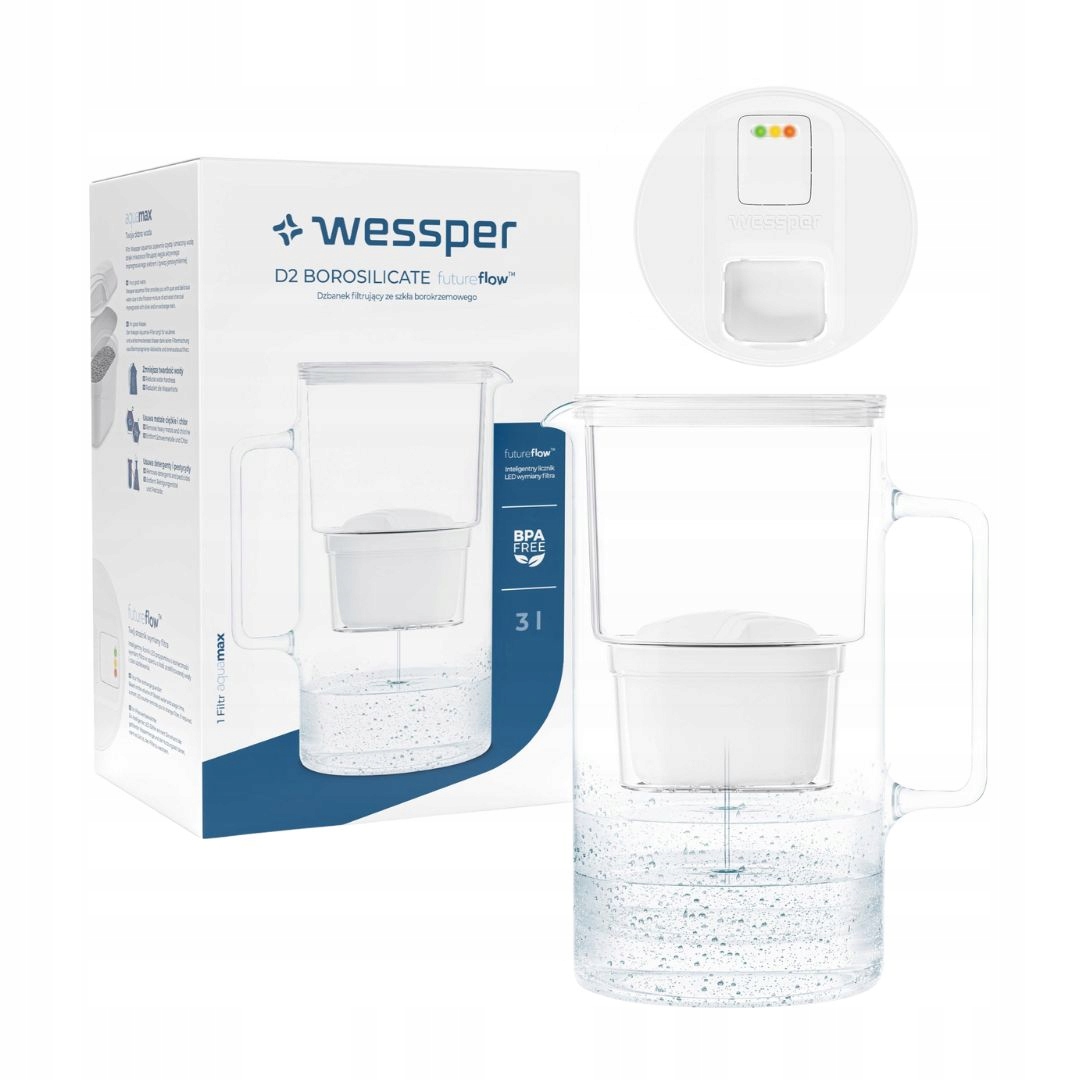 Dzbanek filtrujący Szklany 3l Wessper Biały Z Licznikiem Led Wkład