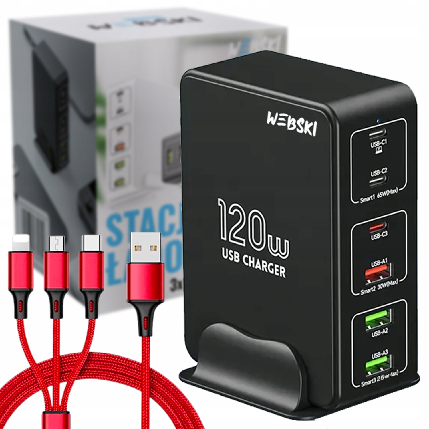Rychlá síťová nabíječka Dokovací stanice na stůl 120W 6xUSB Qc Kabel 3v1