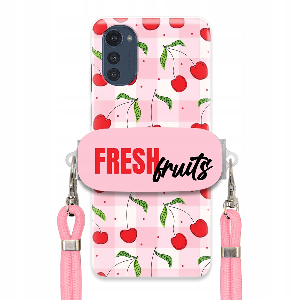 Puzdro pre Motorola E32s Case držiak na šnúrku Ružový Fresh Fruits Mriežka