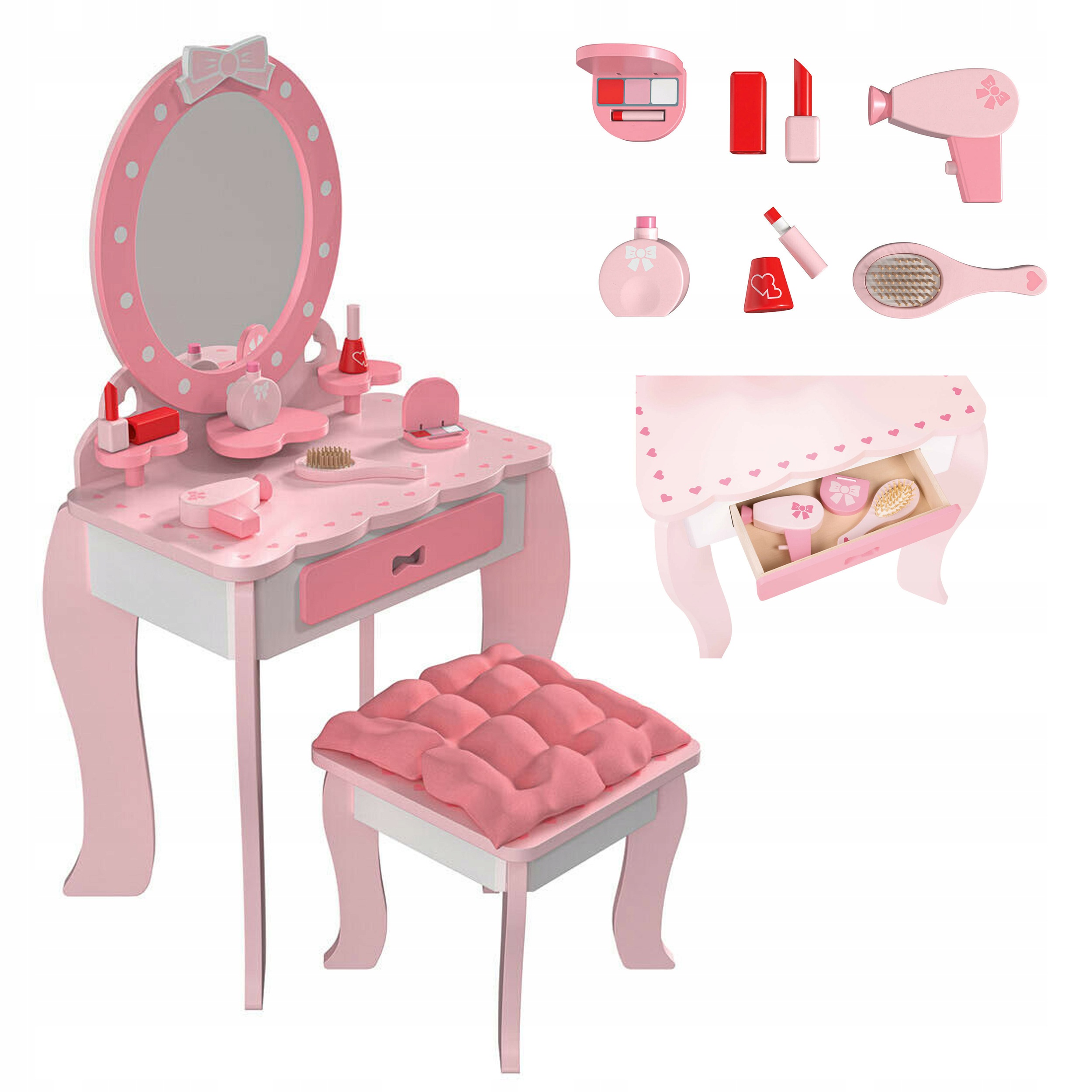 Toaletka dla dzieci drewniana duże lustro taboret akcesoria XXL Make-up