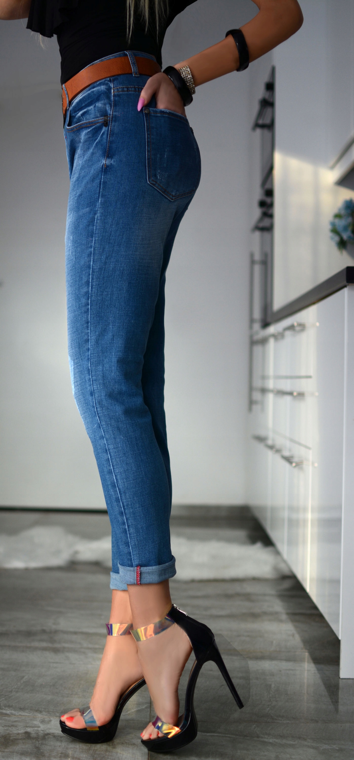 SPODNIE JEANSY DAMSKIE PRZETARCIA WYSOKI DUŻE 343 Kolor wielokolorowy