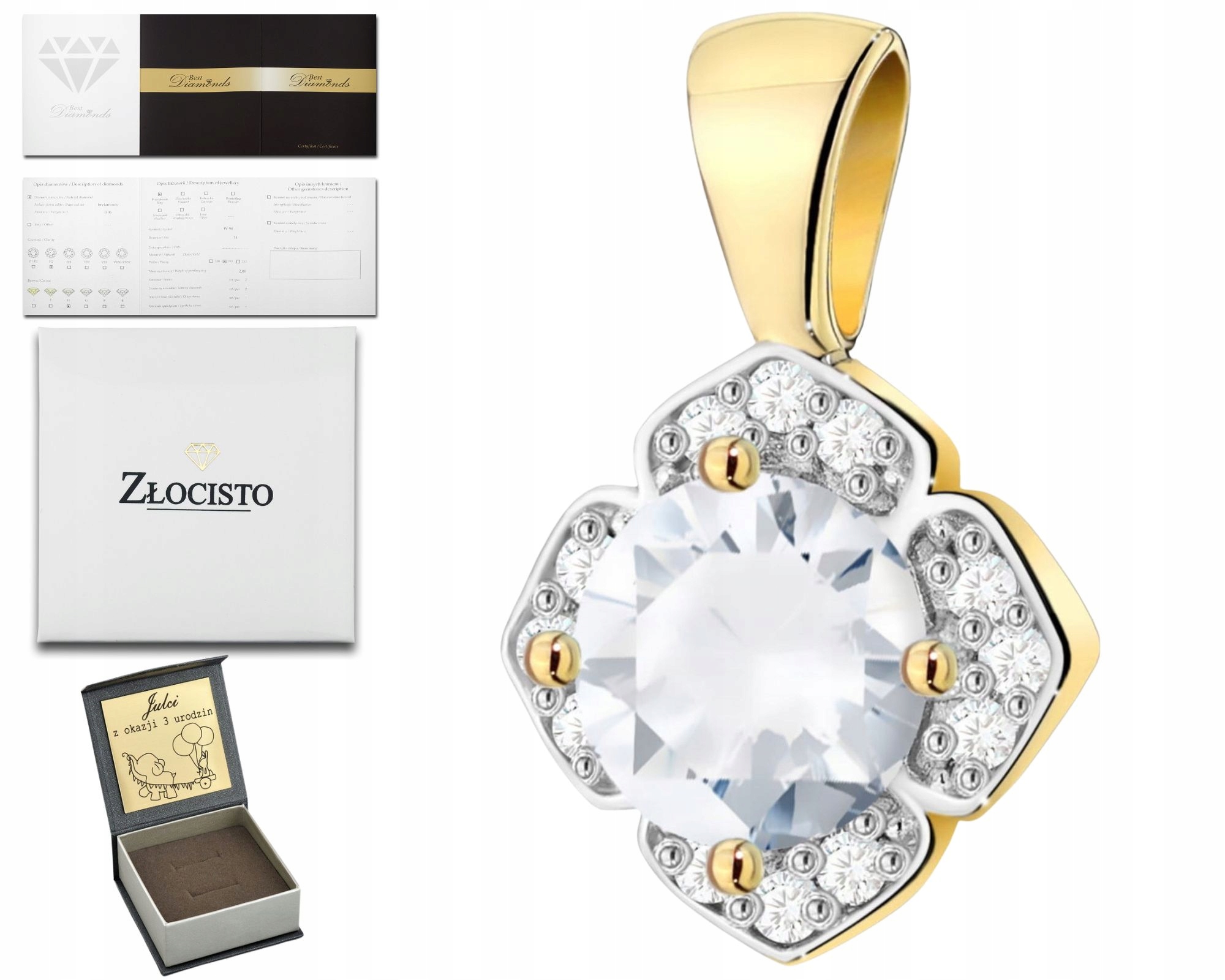 Zlatý Přívěsek S Bílým Safírem A Diamanty 585 Dárek Gravírování