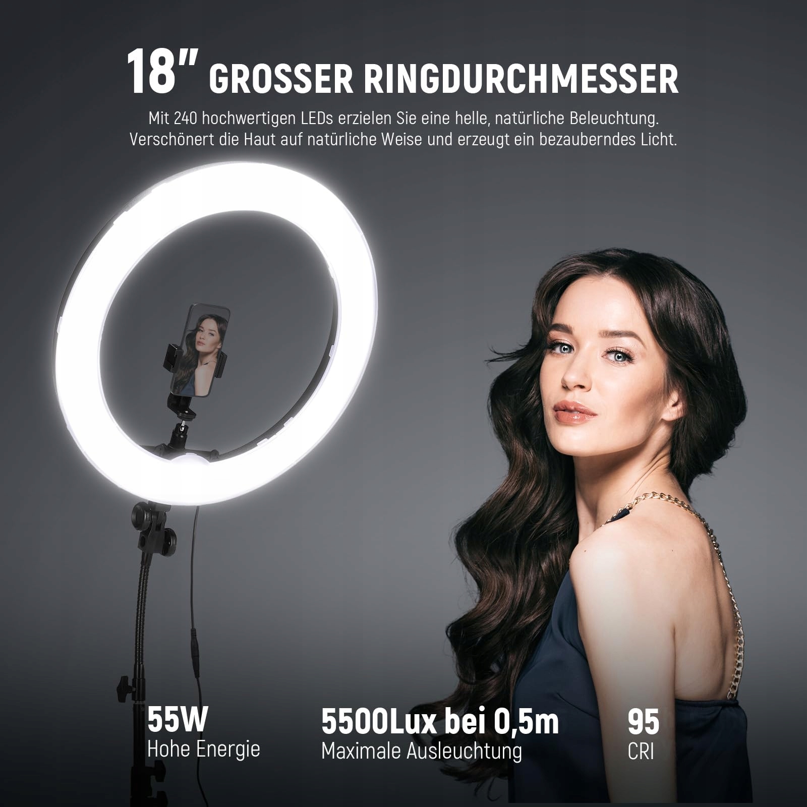 NEEWER Zestaw Pierścieniowy LED 18 Calowy 55W 5600K Z Bluetooth Do Selfie — miniatura 2